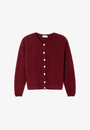 Burgundy cardigan made of soft material, featuring a round neckline, long sleeves, and six white buttons down the front.