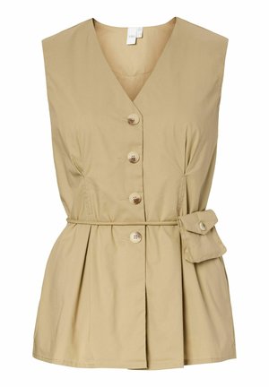 Gilet beige senza maniche con bottoni, scollo a V, vita aderente e tasca laterale con patta, realizzato in tessuto leggero.