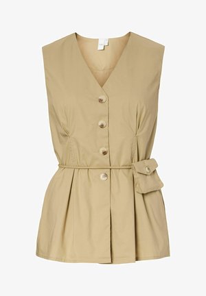 Gilet beige senza maniche con bottoni, scollo a V, vita aderente e tasca laterale con patta, realizzato in tessuto leggero.