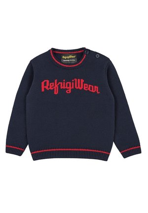 Maglione lavorato a maglia blu navy con accenti rossi, con il testo "RefrigiWear" in un carattere audace. Include un colletto rotondo e dettagli con bottoni.