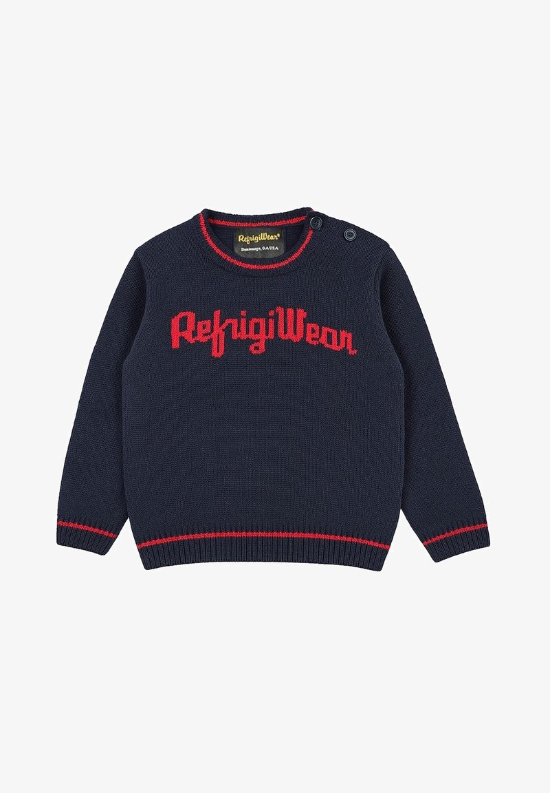 Maglione lavorato a maglia blu navy con accenti rossi, con il testo "RefrigiWear" in un carattere audace. Include un colletto rotondo e dettagli con bottoni.