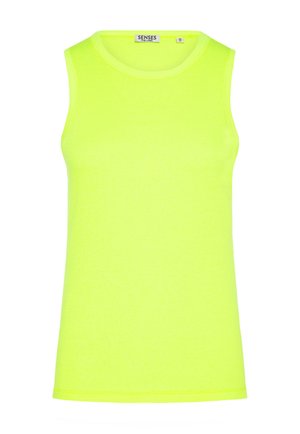 Ärmelloses, neon-gelbes, geripptes Tanktop mit rundem Ausschnitt und "Senses The Label"-Etikett am Kragen, Größe 38/M.