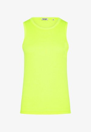 Sleeveless, neon yellow ribbed tank top with round neckline and "Senses The Label" tag at the collar, size 38/M.