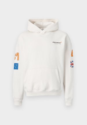 White hoodie with a drawstring hood; features McLaren logo, orange numbers on sleeves, blue flag design, and a British flag accent.