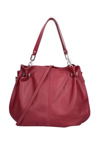 Borsa a mano in pelle rossa con una texture morbida, due manici e una tracolla rimovibile. Presenta ferrature argentate e dettagli arricciati.