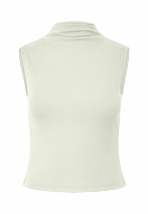 Varrukateta kõrge kaelusega soonikkoes pluus hele beežis, keha järgiva lõikega, veidi veniv ja sileda tekstuuriga.