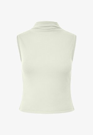 Top senza maniche a coste con collo alto in beige chiaro, taglio aderente, con leggero stretch e texture liscia.