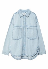 Light blue denim shirt with a collared neckline, large front pockets, and curved hem. Features a relaxed fit and visible stitching details.