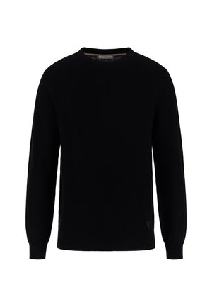 Maglione nero a collo rotondo con maniche lunghe, realizzato in tessuto texturizzato, con un piccolo logo vicino all'orlo inferiore sinistro.