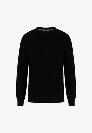 Čierny sveter s okrúhlym výstrihom a dlhými rukávmi, vyrobený z textúrovanej tkaniny, so malým logom umiestneným pri dolnom ľavom leme.