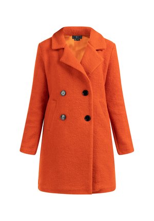 Oranger Wollmischung-Doppelreihermantel mit Reverskragen, zwei vorderen Taschen und schwarzen Knöpfen. Glatte Textur und mittellanges Design.