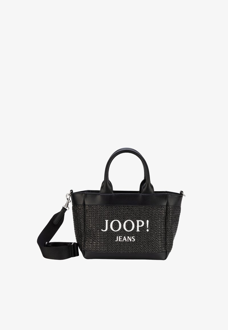 Bolso tote tejido negro con asas de cuero y correa de hombro desmontable, con la marca "JOOP! JEANS" en letras blancas en el frente.