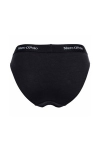 Schwarze Baumwollslips mit glatter Oberfläche, abgerundetem Rückendesign und einem elastischen Bund mit "Marc O'Polo"-Logo in Weiß.