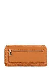 Portafoglio in pelle arancione con chiusura a zip, caratterizzato da una parte superiore liscia e una parte inferiore testurizzata con un motivo trapuntato.