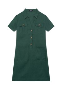 Vestito verde a maniche corte realizzato in tessuto testurizzato, con chiusura frontale a bottoni, due tasche sul petto e due tasche inferiori con bottoni in ottone.