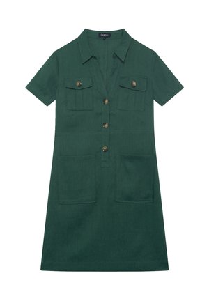 Robe verte à manches courtes en tissu texturé, dotée d'un devant à boutons, de deux poches poitrine et de deux poches inférieures avec boutons en laiton.
