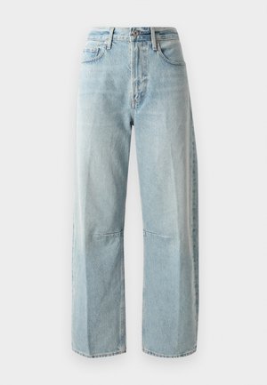 Jeans evazati de culoare bleu deschis, fabricate din denim. Au un talie înaltă, două buzunare frontale și un picior drept cu o ușoară decolorare în țesătură.