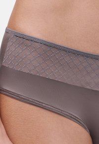 GRAUES HIPSTER-UNTERHEMD MIT EINEM GLATTEN BUND UND EINEM TEXTURIERTEN NETZBEREICH MIT DIAMANTMUSTER, DAS MATTE UND TRANSPARENTE ELEMENTE KONTRASTIERT.