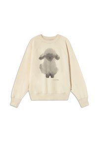 Felpa crema con un design di coniglio in acquerello grigio al centro, scollatura e polsini a coste, e una vestibilità rilassata. Materiale in cotone morbido.
