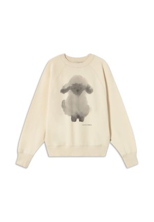 Crème sweatshirt met een grijze aquarel konijnenontwerp in het midden, geribbelde halslijn en boorden, en een relaxed fit. Zacht katoenmateriaal.