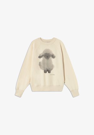 Sweatshirt crème avec un design de lapin en aquarelle grise au centre, col et poignets côtelés, et coupe décontractée. Matière en coton douce.
