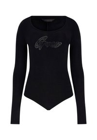 Black long-sleeve bodysuit made of stretchy fabric featuring a rounded neckline and a glittering "Guess" logo in rhinestones across the chest.