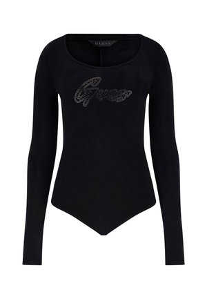 Body noir à manches longues en tissu extensible, avec encolure arrondie et logo "Guess" scintillant en strass sur la poitrine.
