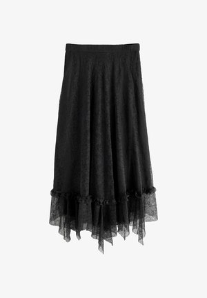 Schwarzer Spitzen-Midirock mit elastischem Bund und gerafftem Saum mit transparentem, mehrlagigem Stoff und floralem Spitzenmuster.