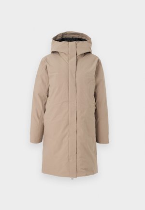 Beige lange parka jas met een capuchon, met een eenvoudig ontwerp, volledige front rits en een gladde textuur. Geschikt voor koud weer.