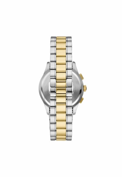 Silber- und Goldmetall-Armband mit einem Glieddesign, von hinten gezeigt, mit einem sichtbaren Teil des Gehäuses und der Tasten der Uhr.
