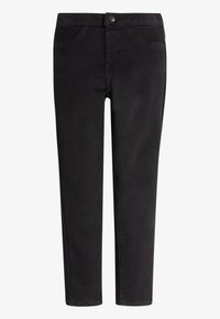 Jeans negros de denim, con corte recto, bolsillos frontales, cierre de botón y cremallera, y con detalles de costura mínimos.