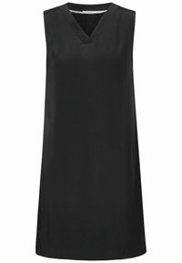 Vestido negro sin mangas con escote en V, de corte holgado, con aberturas laterales y tejido suave y ligero. Sin patrones ni acentos visibles.