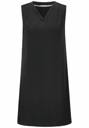 Zwart mouwloos jurk met een V-halslijn, met een losse pasvorm, zijsplitten en gladde, lichte stof. Geen zichtbare patronen of accenten.