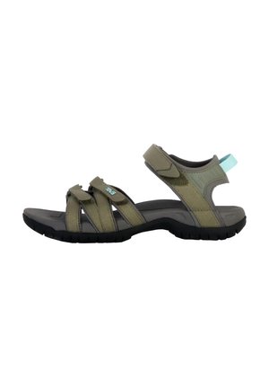 Olive green sports sandals with adjustable straps, cushioned footbed, and a textured black rubber outsole for traction.