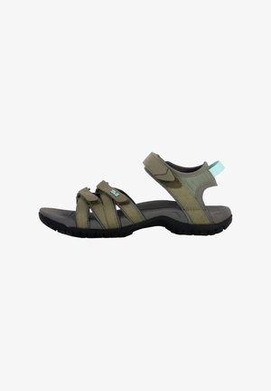 Olive green sports sandals with adjustable straps, cushioned footbed, and a textured black rubber outsole for traction.