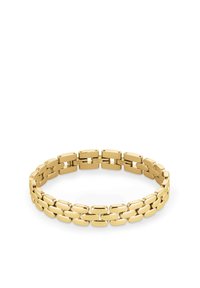 Gold stainless steel bracelet featuring interlocking oval links with a smooth texture and polished finish. Rounded edges enhance comfort.