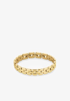 Gouden roestvrijstalen armband met in elkaar grijpende ovale schakels met een gladde textuur en een gepolijste afwerking. Afgeronde randen verhogen het comfort.