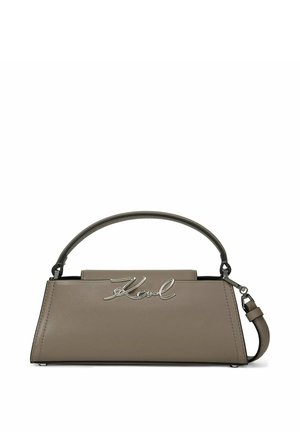 Borsa rettangolare color taupe con manico superiore curvo, tracolla removibile e logo "Karl" in scrittura argentata sul davanti.