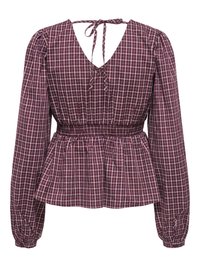 Blouse à manches longues à carreaux violets et blancs avec une taille cintrée, un col en V et un détail noué à l'encolure arrière.