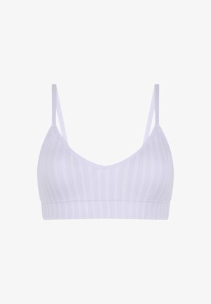 Bralette violet clair avec fines bretelles ajustables et motif à rayures verticales subtiles, conçu pour offrir confort et léger soutien.