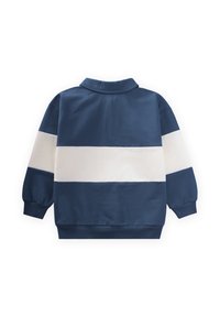 Granatowy sweatshirt z kołnierzykiem, z dużymi poziomymi białymi paskami, prążkowanymi mankietami i dołem. Miękka tekstura z luźnym krojem.