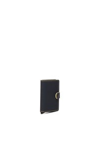 Portafoglio in pelle nera dal design elegante, con cuciture dorate e chiusura a pressione. Forma rettangolare compatta con decorazioni minime.