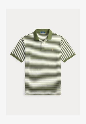 Pikéskjorte med korte ermer, olivengrønne og hvite horisontale striper og olivengrønn krage, med en liten brodert logo på brystet.