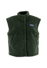 Gilet button-up verde scuro e soffice con colletto alto e tasche laterali, caratterizzato da una piccola patch rettangolare sul lato sinistro del petto.