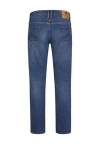 Jeans in denim blu con design a gamba dritta, caratterizzati da una patch in pelle in vita e due tasche posteriori con cuciture arcuate.