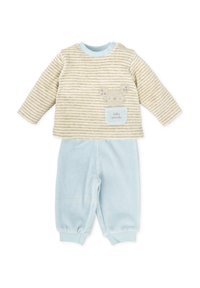 Top de manga larga a rayas color beige con un bolsillo azul que tiene un diseño de ratón. Pantalones suaves de tela de felpa con cinturilla elástica color azul completan el conjunto.