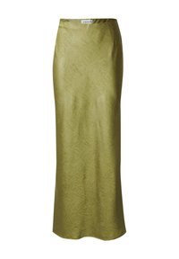 Satin groene maxi-rok met een gestructureerde afwerking, voorzien van een smalle tailleband en een lichte uitloop naar de zoom. Eenvoudig en elegant ontwerp.