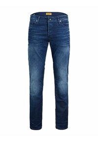 Mörkblå denimjeans med en blekt mönster, standardstil med fem fickor, metallknappstängning och etikett på midjebandet.