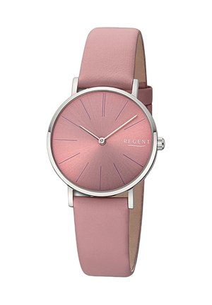 Montre ronde avec un cadran en or rose, des index en argent et un bracelet en cuir rose clair. Présente un design minimaliste et une couronne simple.
