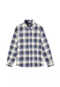 Koszula z długim rękawem, zapinana na guziki, w niebiesko-białą kratę. Posiada klasyczny kołnierzyk i jedną kieszeń na piersi. Materiał wydaje się być miękki.
